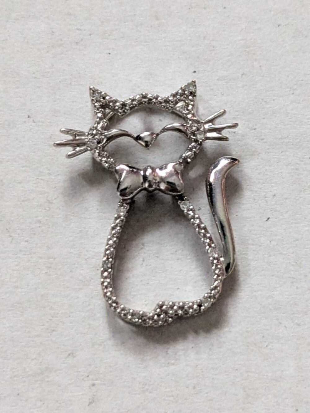 AJ 10KT White Gold Tiny Diamond Kitty Cat Pendant